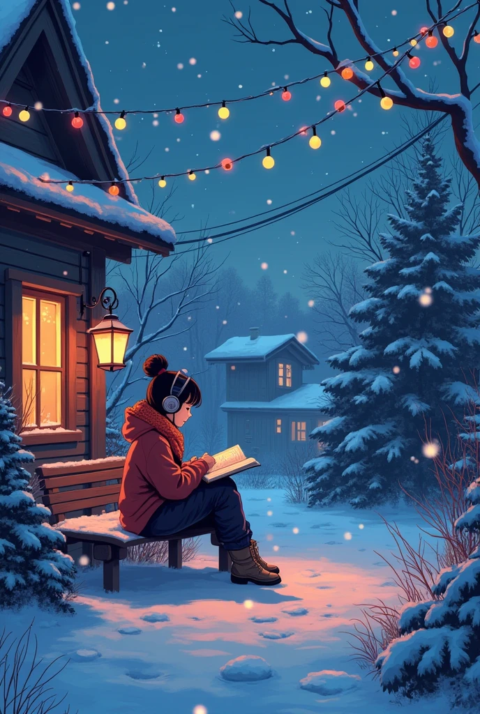 (zero), Girl in the winter garden, Read a book over a cup of coffee, Wear headphones, Wear a shawl, , Cozy night light, Snowy day neon scenery, Analog Color Theme, Lo-fi hip hop , review, flat, 2.5D ,Draw a line, Ink painting, Large slope, Watercolor, Goosh Colors, Studio Ghibli Style, Great colorful, Outerton, Synthwave, Lofi Art,90s Style,Old Texture, amplitude,90s vibe, Tabletop, Great technology, 16:9 Scale