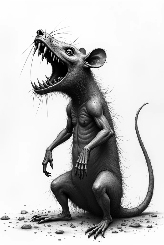 Create a sketch of a realistic hungry rat destroyed in black and white pointillism