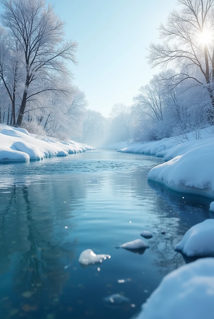 Winter Water Pollution: in winter, The buildup of contaminants such as salts and chemicals in water due to melting ice can affect water quality and aquatic ecosystems.. create a background inspired by that realistic