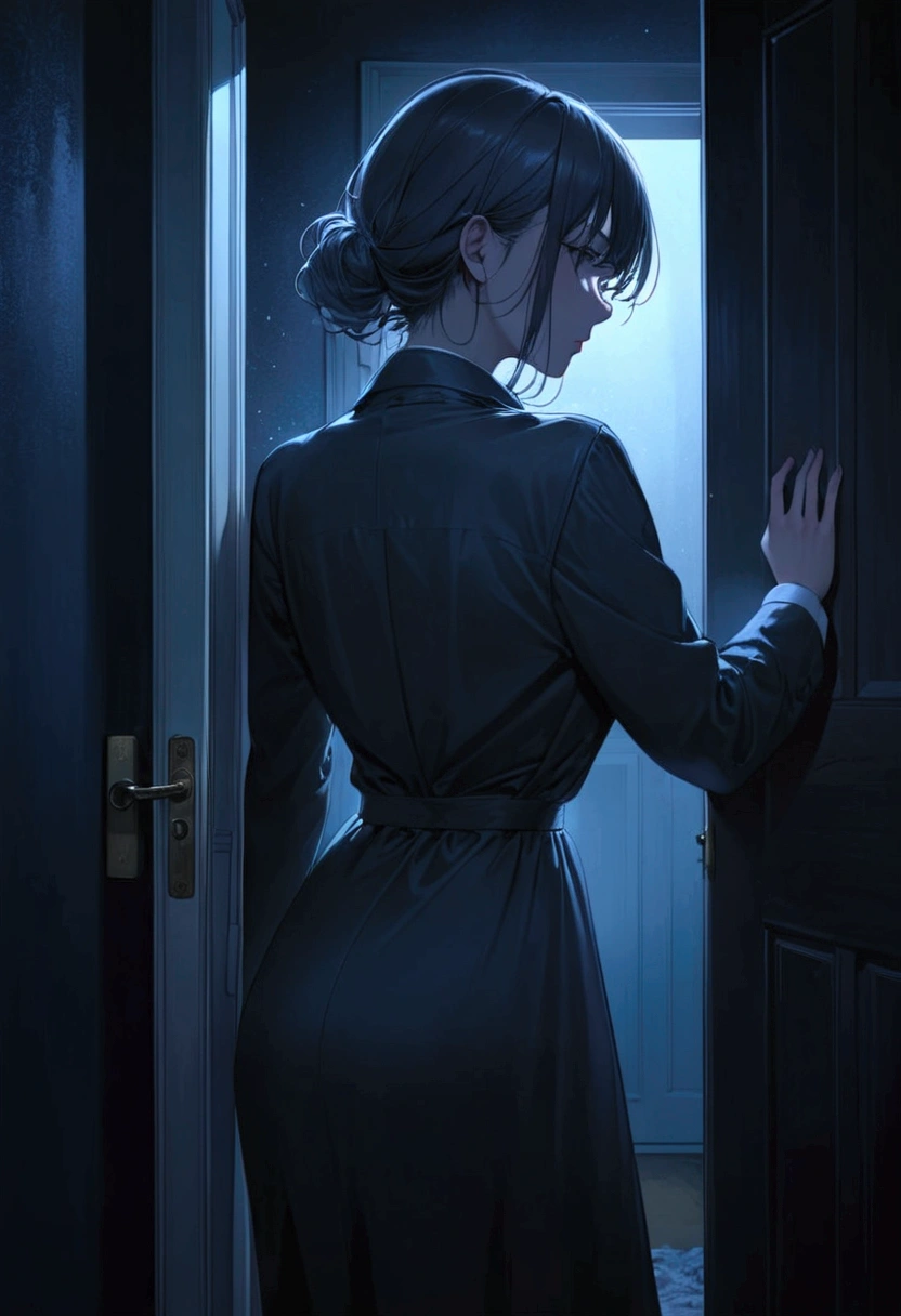 Woman with her back knocking on a bedroom door on a dark and cold night 