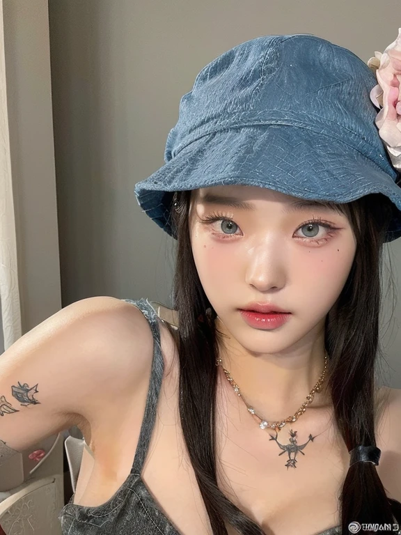Arafed woman with a tattoo on her arm and a hat on her head and deep blue eyes., wearing a choker and a cute hat, ulzzang, dilraba dilmurat, 🤤 girl portrait, wearing a cute hat, with hat, Taiwanese girl with tattoos, Clear, high-quality lips, e-chica, e - girl, korean girl, top-hat, jisoo from blackpink, popular south korean makeup, quality detailed ,(beautiful makeup :1.2), wide hips, Big, Big ass, (best quality, 8k, masterpiece: 1.3), clear focus: 1.2, Perfect body beauty: 1.4, strong abs, Very detailed face and skin texture. , detailed eyes, double eyelids, (long hair), Having very marked curves, with greater volume in ((hips and breasts)), which makes the waist look much smaller ((wasp waist)).(masterpiece, top quality, Best Quality, official art, depth of field, Beauty: 1.2), pinnacle rendering, Realistic representation, (1 girl), extreme detail, showy, supreme detail, official art, 8k unified wallpaper
