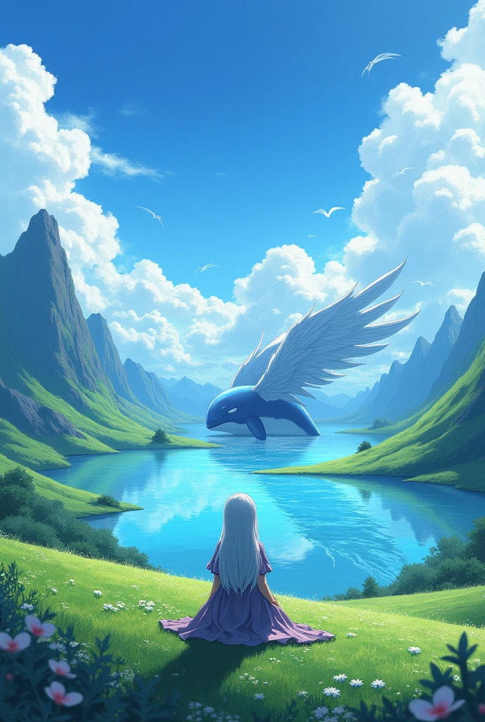 Create a magical fantasy landscape , ISEKAI anime style Featuring an anime-type human character sitting on his back looking at the horizon, white hair and 1.65 height Lakes must have a whale with 4 white wings 