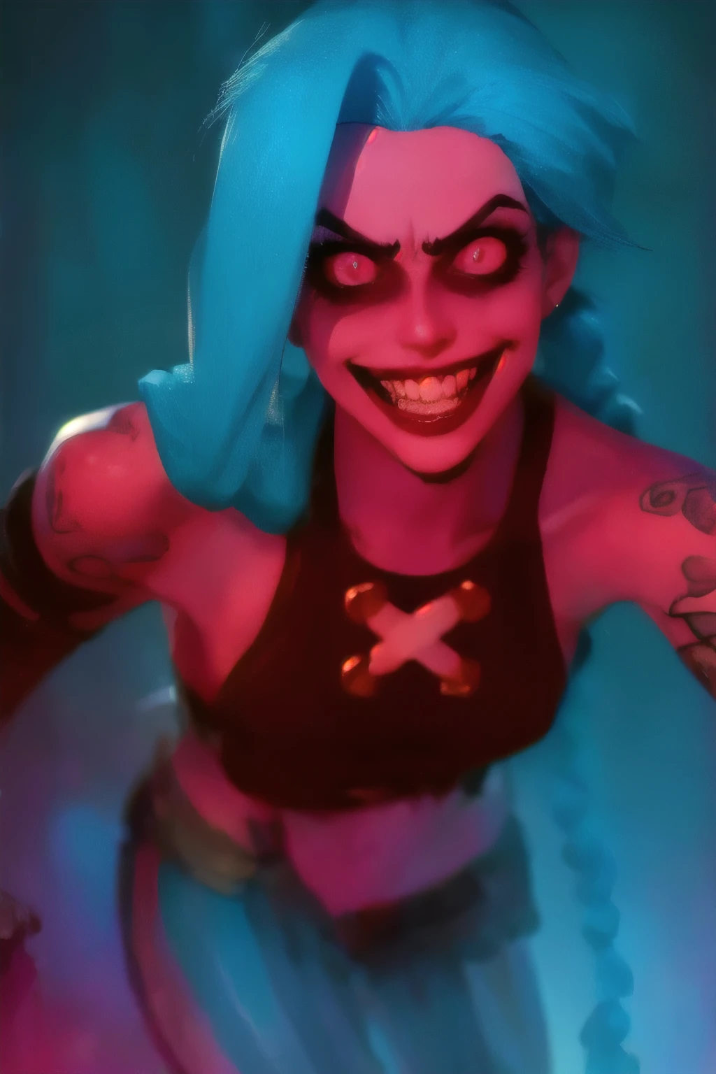 Hyper realistic super detailed Jinx cosplay , ((Young girl, 15 years old)), Very detailed, (hyper realistic: 1.4), in dynamic pose, (((psycho face, creppy smiling))), twin braids, long hair, blue hair, red eyes,((tattooed arm)), ((skinny Body)), ((angry face)), arcane style. ((Cinematic Explosion background,  cinematic lighting)).