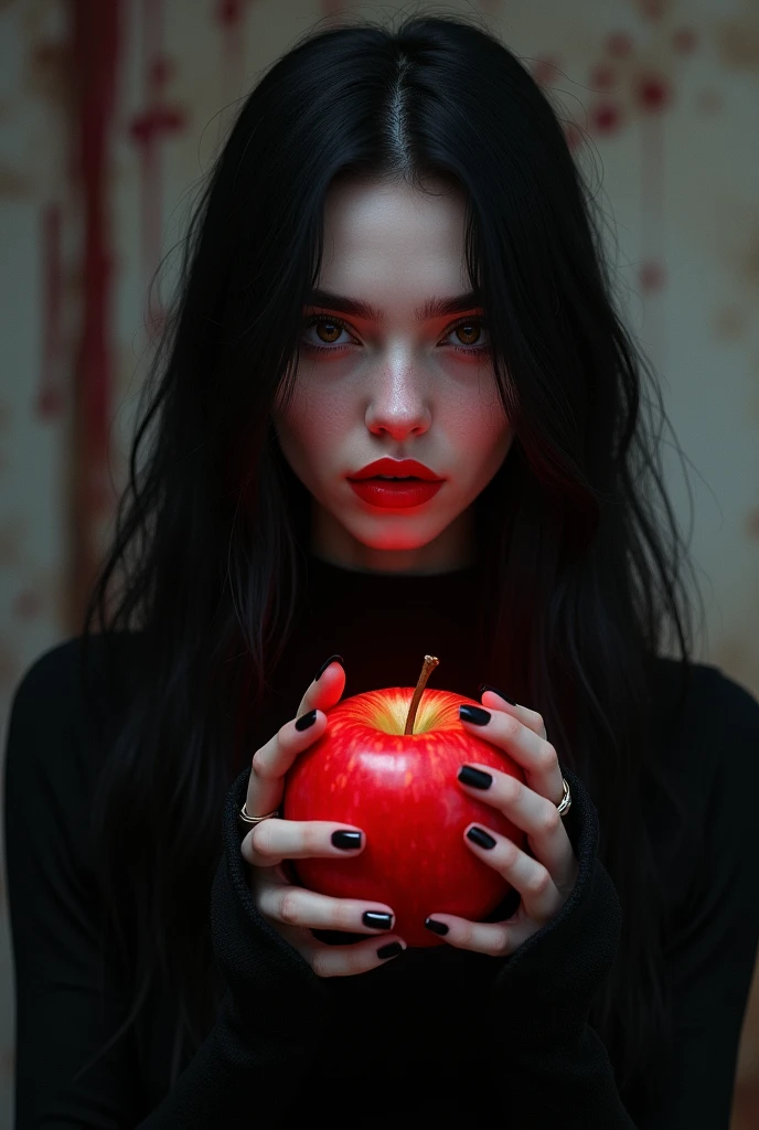((RAW Photo), absurd, (absurdresolution)), masterpiece, best quality, (Extremely detailed 8k unity CG wallpaper), (best illustration), (best shadow), Realistic lighting, beautiful detailed glow, ((21 years old)), girl, long black hair, black queen, accessories, apple in hand, poisoned apples, witch queen, red lipstick, (((Photographic Perspective of her)))
imagine someone holding a poster with the caption: “Saad Meri jaan hai"