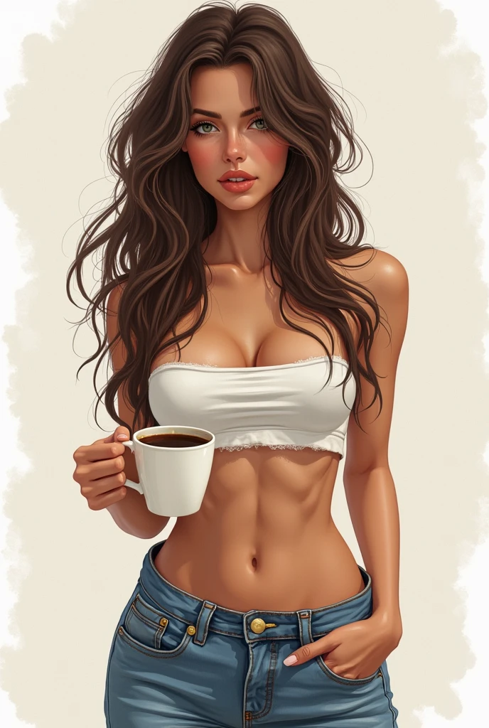 femme brune, Detailed LONG & messy hair, Plan moyen, musculaire, seulement, casual wear , avec du cafe en main, wearing nothing