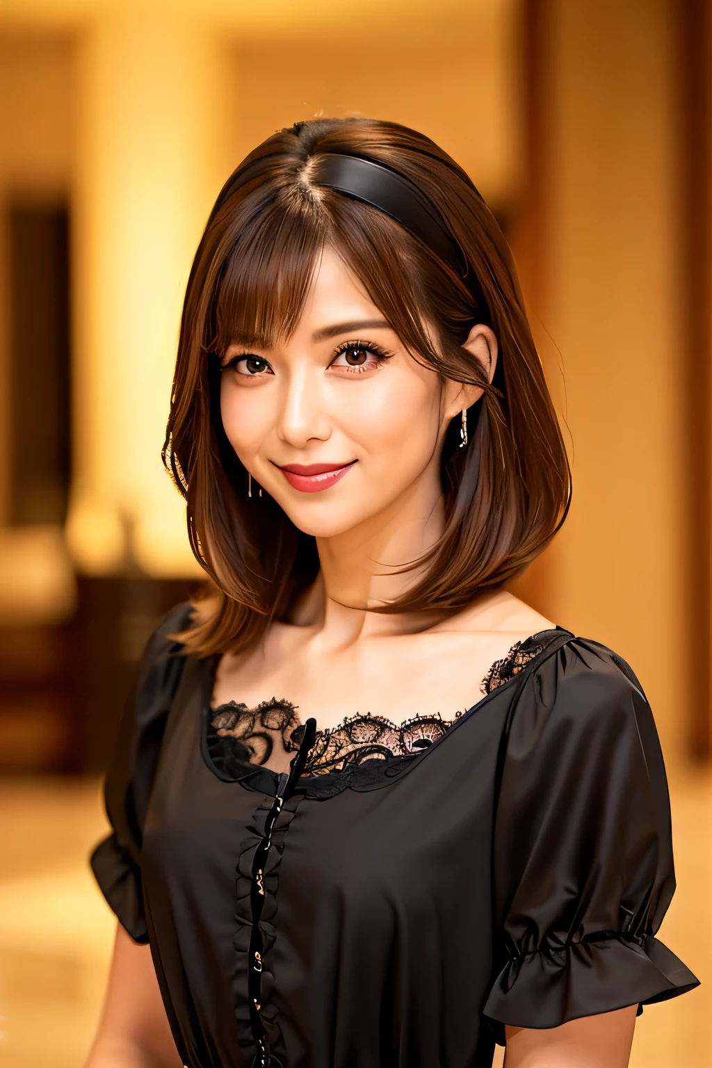 Highest quality. Tabletop, 8k, Best image quality, Award-winning works, One Woman, Age 25、(Wearing mourning clothes:1.4), Waist to upper body shot, (look forward to), eye shadow, Perfect Makeup, Long eyelashes, Ultra HD Shining Eyes, Ultra HD Hair, Ultra high resolution pink glossy lips, Ultra HD Beautiful Face, Brown Hair, (Very short straight hair), Look at me and smile, A sparkling smile、clavicle, Accurate anatomy, Face close-up, Standing in a gorgeous hotel lobby, Blurred Background、Natural bright lighting、