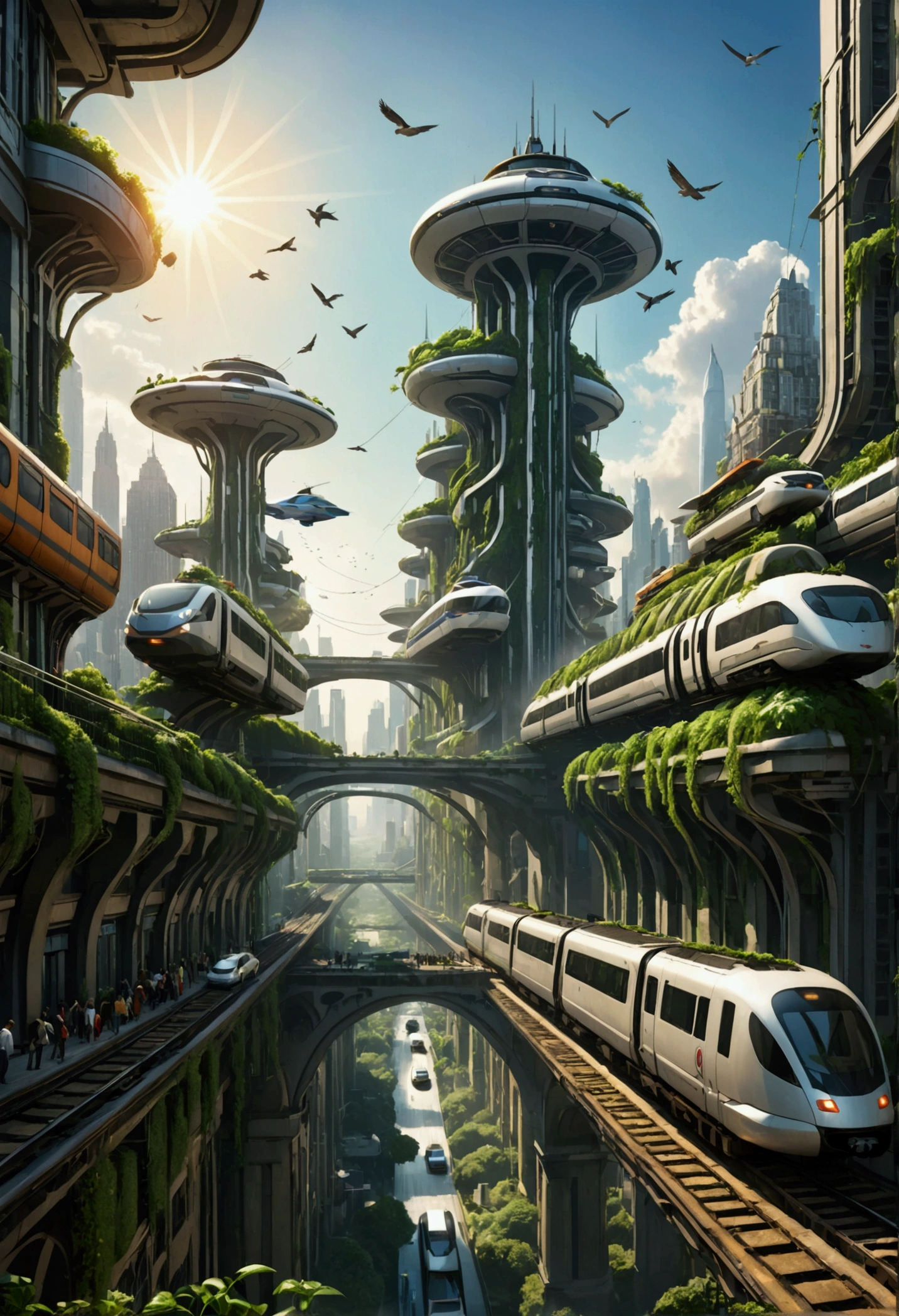 Create an imposing image of a mega city with impressive structures, tall, elaborate, in a leaden and oppressive environment, with aerial rails where trains and flying cars go. Vegetation sprouts from the buildings themselves, birds fly around, the sun shines overhead, giving a little life to the image. The city feels overloaded and overcrowded. the image demonstrates an uncertain and mysterious future