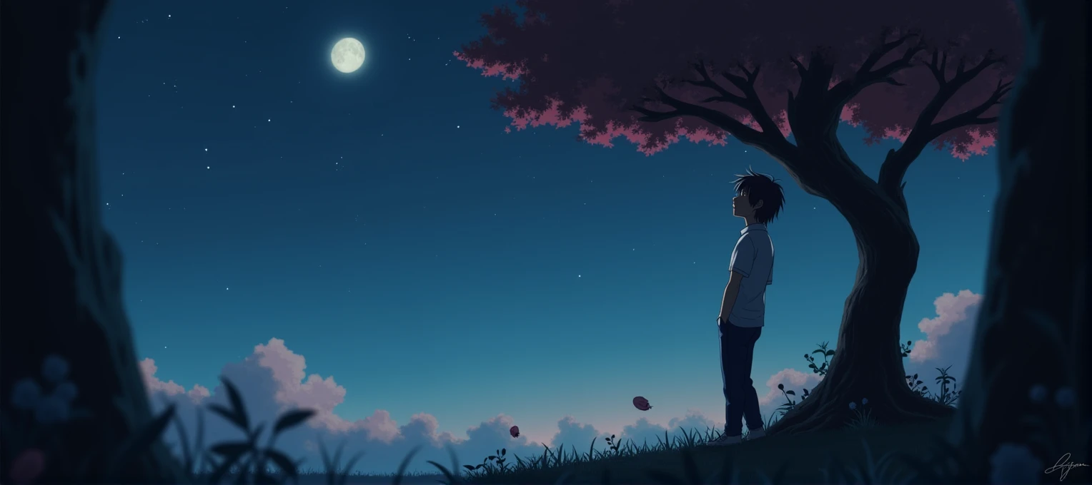 
[Core philosophy]A dreamlike picture、Energetic、Meticulous illustrations，Inspired by Hayao Miyazaki&#39;s style，Depicts a peaceful night scene。[Character Description]In the foreground，A man leaning against a peach tree，His presence adds a sense of tranquility and contemplation to the scene.。[environment/background]The background is a striking mix of soft pink and purple tones，Creates a surreal and captivating atmosphere，surrounded by twinkling stars。[Style and atmosphere]This illustration is executed with a high degree of artistic complexity，Evokes the whimsical and imaginative qualities of Hayao Miyazaki&#39;s signature anime style，It injected a dreamy and charming atmosphere into the scene。[The composition]Composition using vanishing point technique，Draw the viewer&#39;s gaze into the depth of the scene，and create a sense of depth and perspective。[Details and decoration]Delicate floral elements in the foreground add a touch of natural beauty，vivid、Highly saturated colors and attention to detail throughout the illustrations help to enhance their visual impact and immersive quality.。。【Technical specifications】Images are presented in 8K resolution，vivid in RGB color space、High contrast palette，The result is a breathtaking, high-fidelity visual experience