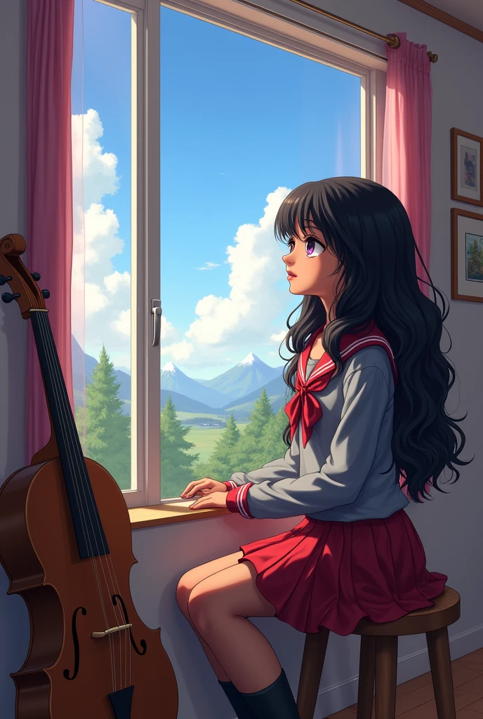 A 17 year old dark skinned girl with beautiful purple eyes, Wavy black hair that reaches to her waist and her beautiful grey and red school uniform. She is sitting at the window of an empty room with musical instruments. She is admiring a warm sunny day