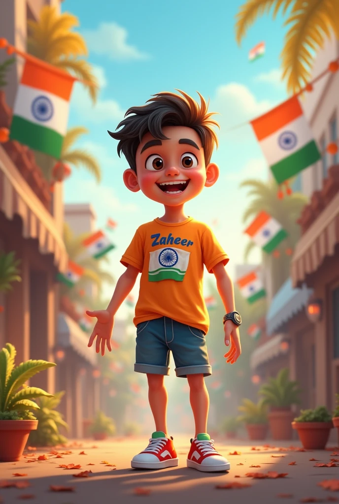   A boy with a Indian flag tshirt  and name yashvant on his tshirt 