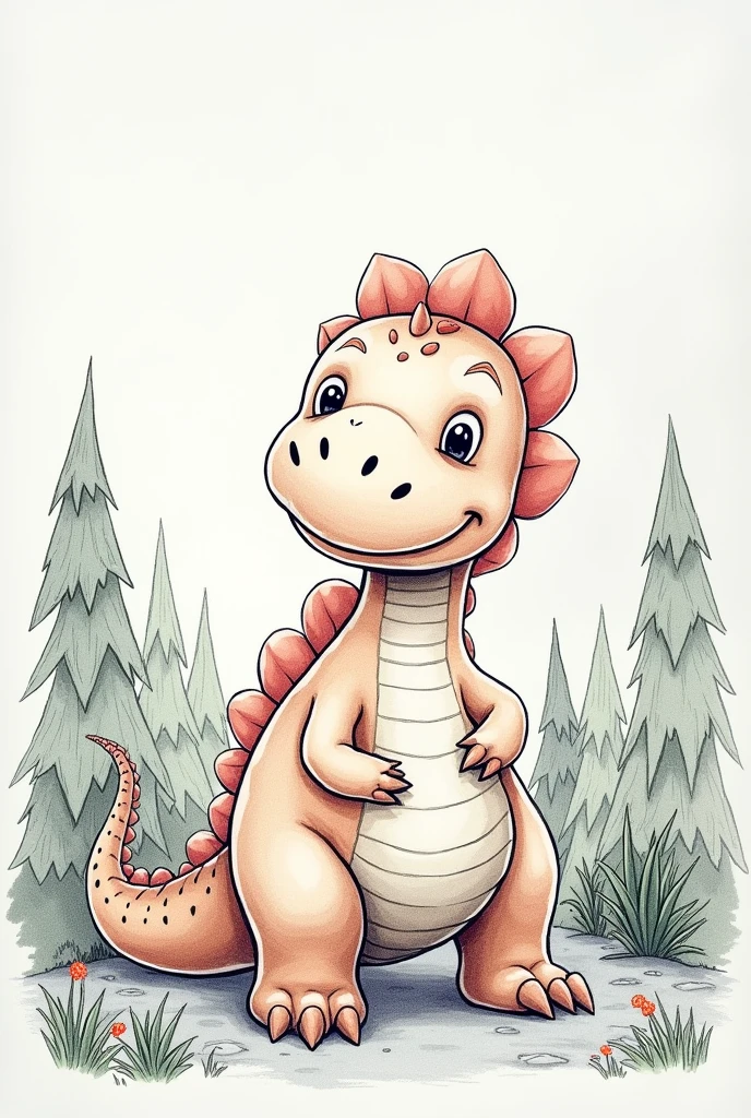 CUTE DINOSAUR DRAWING WITH TREES IN THE BACKGROUND