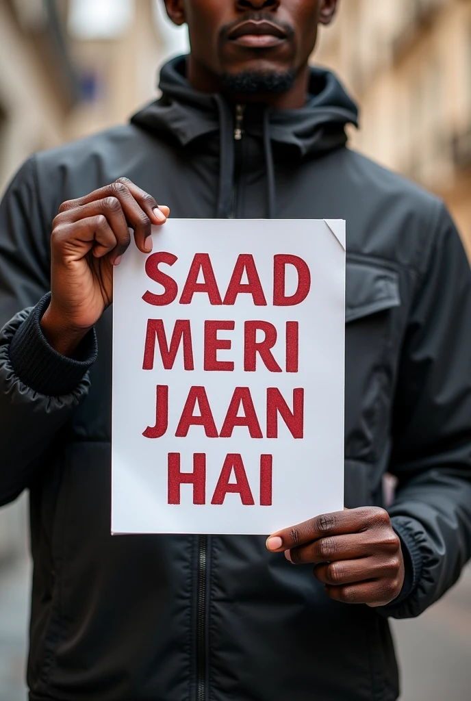 a black person holding a poster with the caption: “Saad Meri jaan hai"