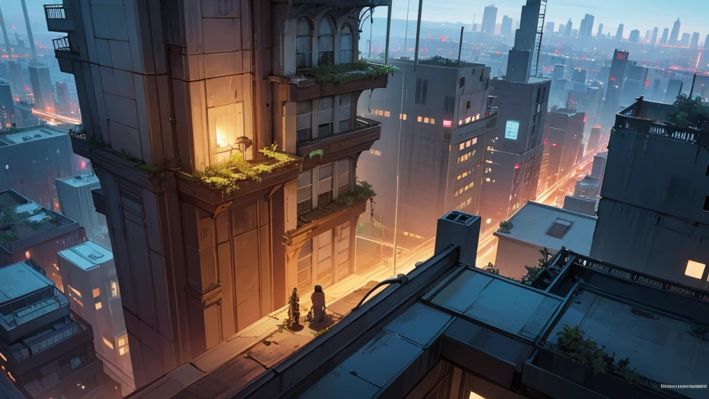 create a scene from the top of a building at night. in an abandoned city taken over by plants.