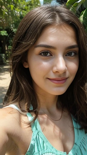 A sunny summer day, on a beach or in a pleasant garden, An amateur selfie of a young and natural woman taken with an iPhone camera. Woman, She has natural make-up on and is smiling comfortably., eyes looking directly into the camera. Her hair is slightly wavy and loosely styled, has gained a natural appearance. She is wearing a colorful and comfortable summer outfit; for example, a brightly colored blouse and light shorts. in the background, flowers that reflect the energy of summer, There are green trees or sea views. Photograph, Shot in natural light and spontaneously, parts of the photo that are slightly blurry or slightly out of focus, Increases the feeling of amateur shooting. Womanın yüz hatları belirgin ve gerçekçi, His eyes look clear and sincere.. Generally, The photo reflects the warm and cheerful atmosphere of the summer season..
