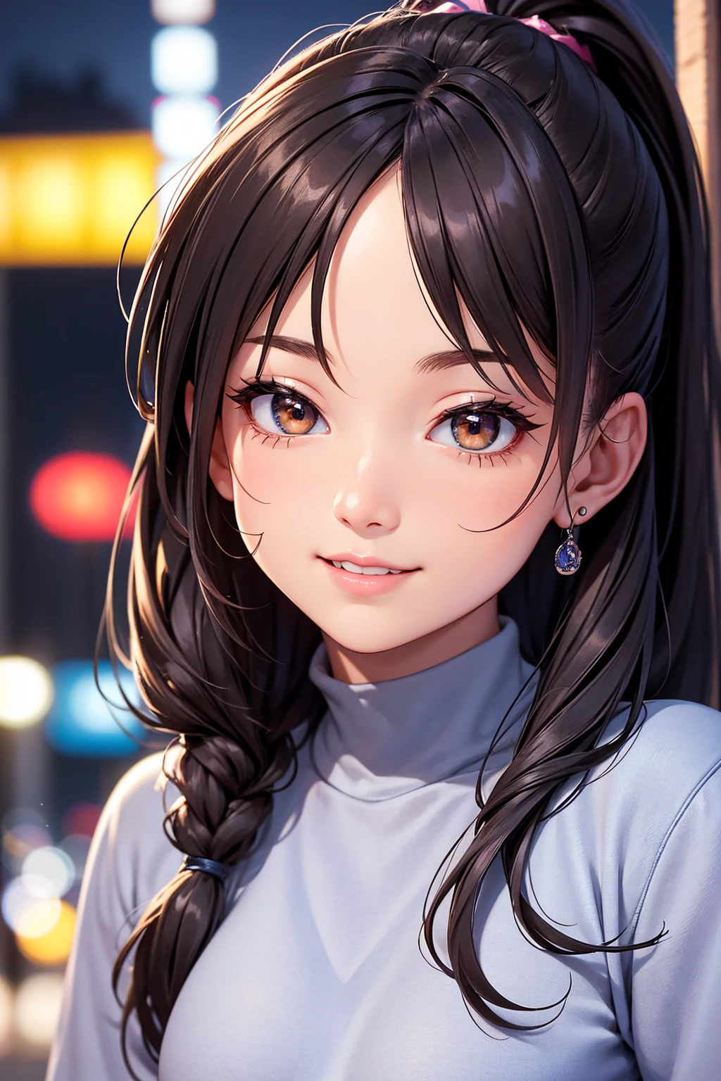 highy detailed: 1,5, high resolution, detailed lines and colors, perfect lighting, face detailed, detailed hair, detailedeyes, detailed nose, detailed lips. an adult and beautiful girl:1,9, wearing a sweatshirt, with hair tied in a ponytail, with smile on face, city at night.