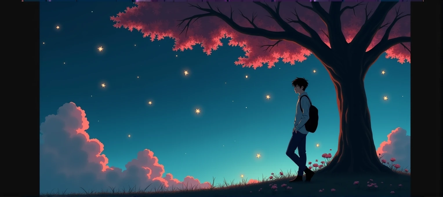 
[Core philosophy]A dreamlike picture、Energetic、Meticulous illustrations，Inspired by Hayao Miyazaki&#39;s style，Depicts a peaceful night scene。[Character Description]In the foreground，A man leaning against a peach tree，His presence adds a sense of tranquility and contemplation to the scene.。[environment/background]The background is a striking mix of soft pink and purple tones，Creates a surreal and captivating atmosphere，surrounded by twinkling stars。[Style and atmosphere]This illustration is executed with a high degree of artistic complexity，Evokes the whimsical and imaginative qualities of Hayao Miyazaki&#39;s signature anime style，It injected a dreamy and charming atmosphere into the scene。[The composition]Composition using vanishing point technique，Draw the viewer&#39;s gaze into the depth of the scene，and create a sense of depth and perspective。[Details and decoration]Delicate floral elements in the foreground add a touch of natural beauty，vivid、Highly saturated colors and attention to detail throughout the illustrations help to enhance their visual impact and immersive quality.。。【Technical specifications】Images are presented in 8K resolution，vivid in RGB color space、High contrast palette，The result is a breathtaking, high-fidelity visual experience