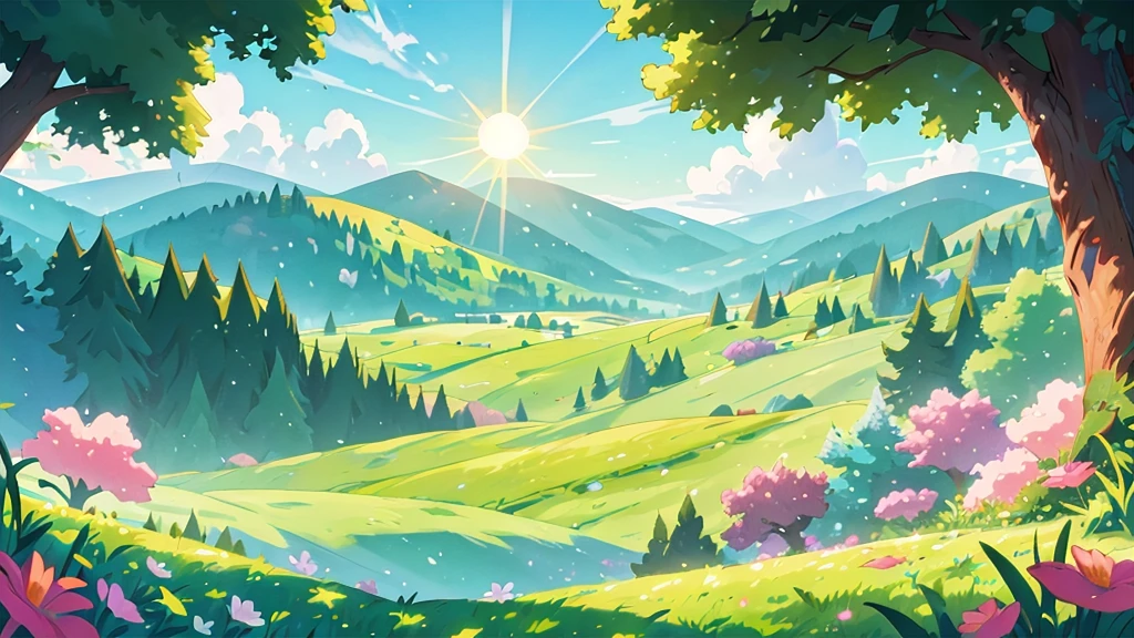 On top of a hill, with the sun appearing, a magical and beautiful setting, Disney cartoon style, trees and flowers, in the distance a valley, pasture field and soft mountains