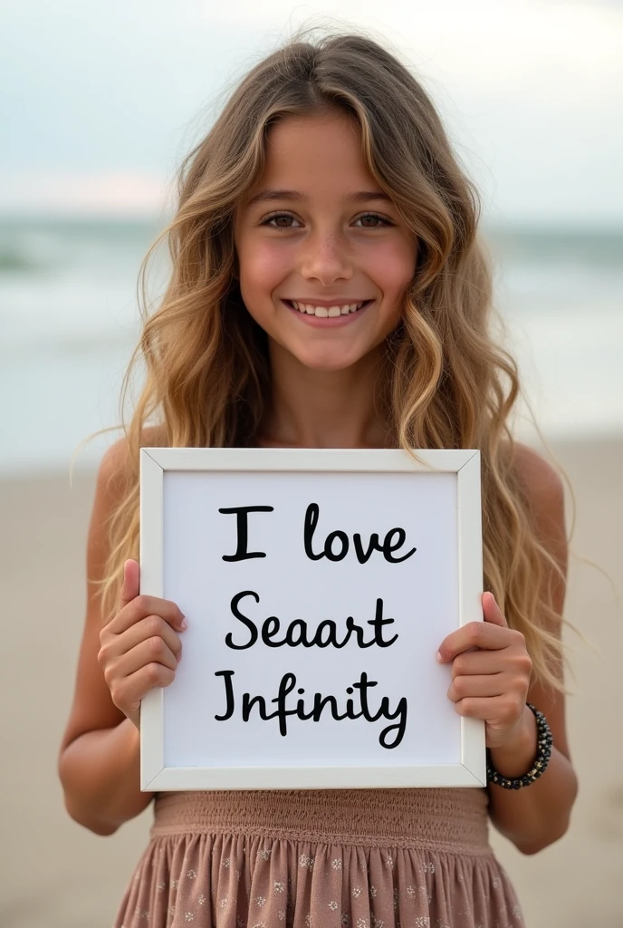 Beautiful girl with wavy long hair, bohemian dress, holding a white board with text "I Love Seaart Infinity" and showing it to the viewer