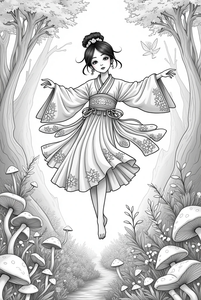 Coloring page of a mushroom girl, Asian, fly away, in high quality 