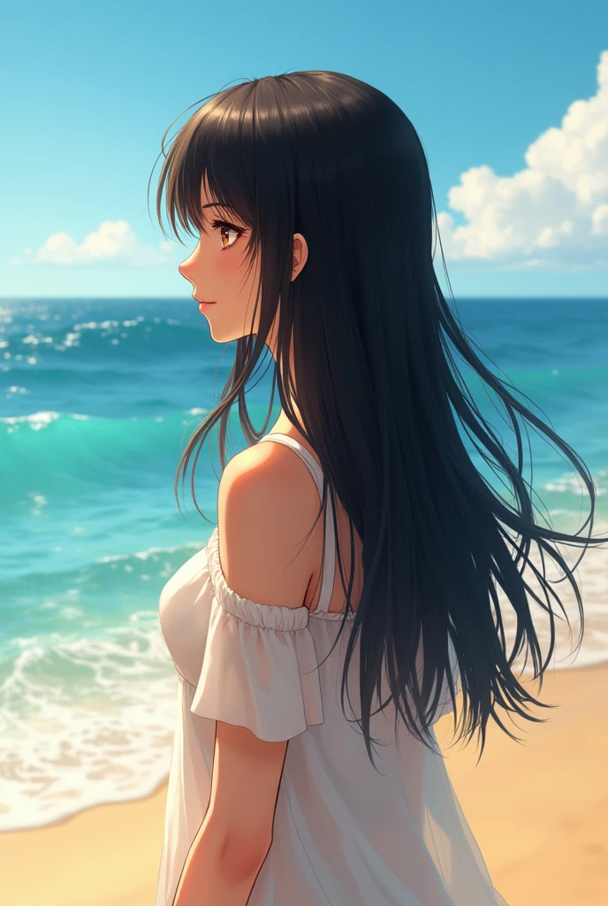 Girl with straight cinnamon-colored black hair on the beach