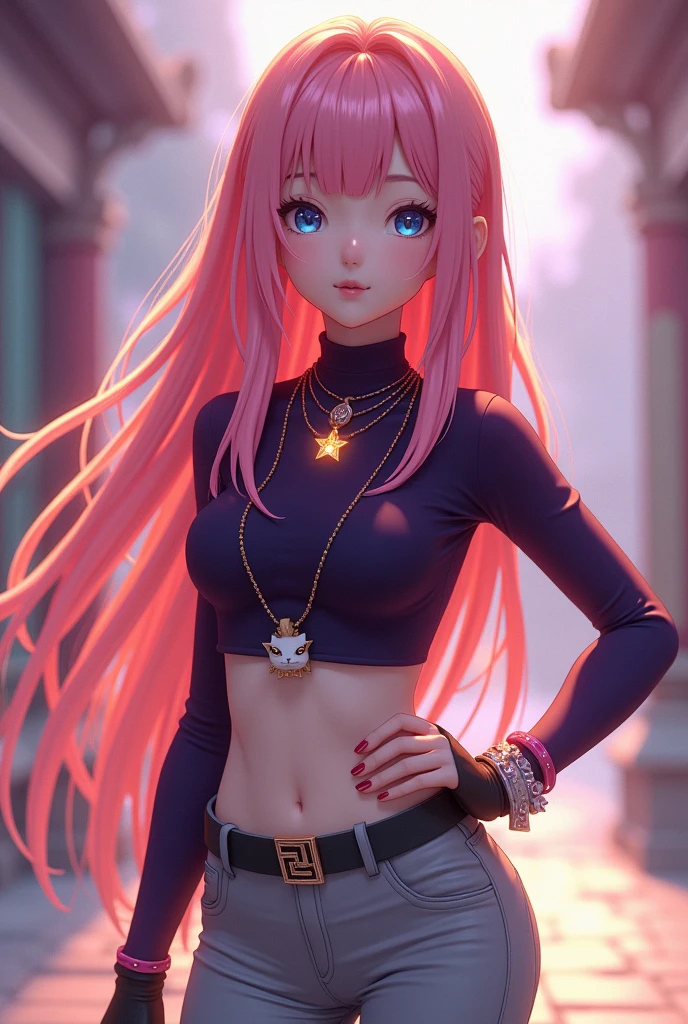 She is a very beautiful fifteen-year-old girl with snowy skin, long wavy hair of a pale pink color and expressive almond-shaped, almost transparent light blue eyes., He has a slim and athletic body, Her heart-shaped face has a small nose and light strawberry pink lips., Her clothing consists of a tight-fitting dark purple sleeveless high-necked shirt that highlights her small waist., He wears tight light gray pants and elegant black ankle boots.. He wears three necklaces, the longest is the one with a white cat., The second is a five-pointed gold star with an orange gem in the middle and the last and smallest is the one with a small magenta butterfly., On her left deck she has a light magenta yin-shaped bracelet.. ((Style Epic Anime 3D))