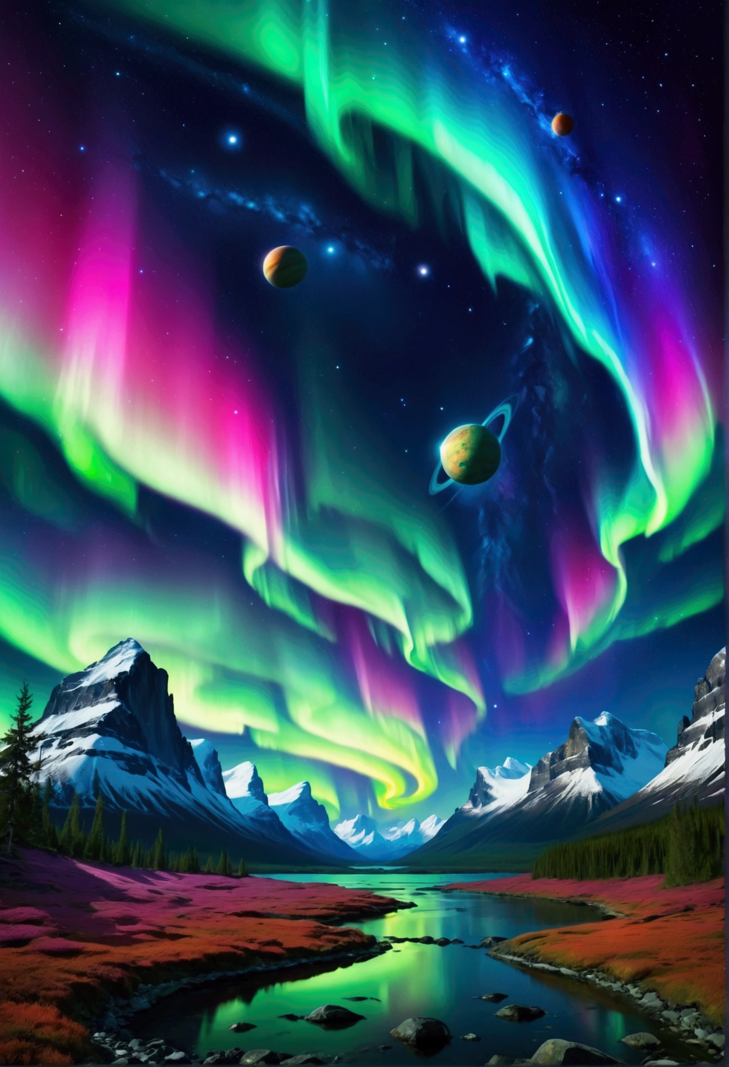 Create a futuristic image of the mysterious and unknown universe, in that sky are all the colorful planets surrounded by northern lights.
