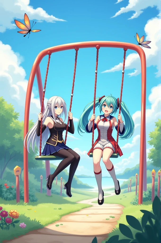 Faruzan from genshin with Hatsune miku swinging on swings in the playground 