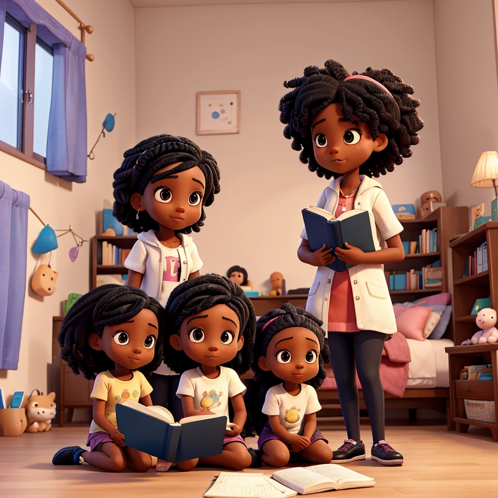 Image of a 5--old ck girl reading a book with a black woman and man next to her in the bedroom