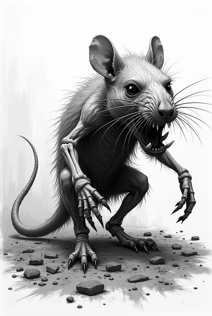 Create a sketch of a realistic hungry rat destroyed in black and white pointillism