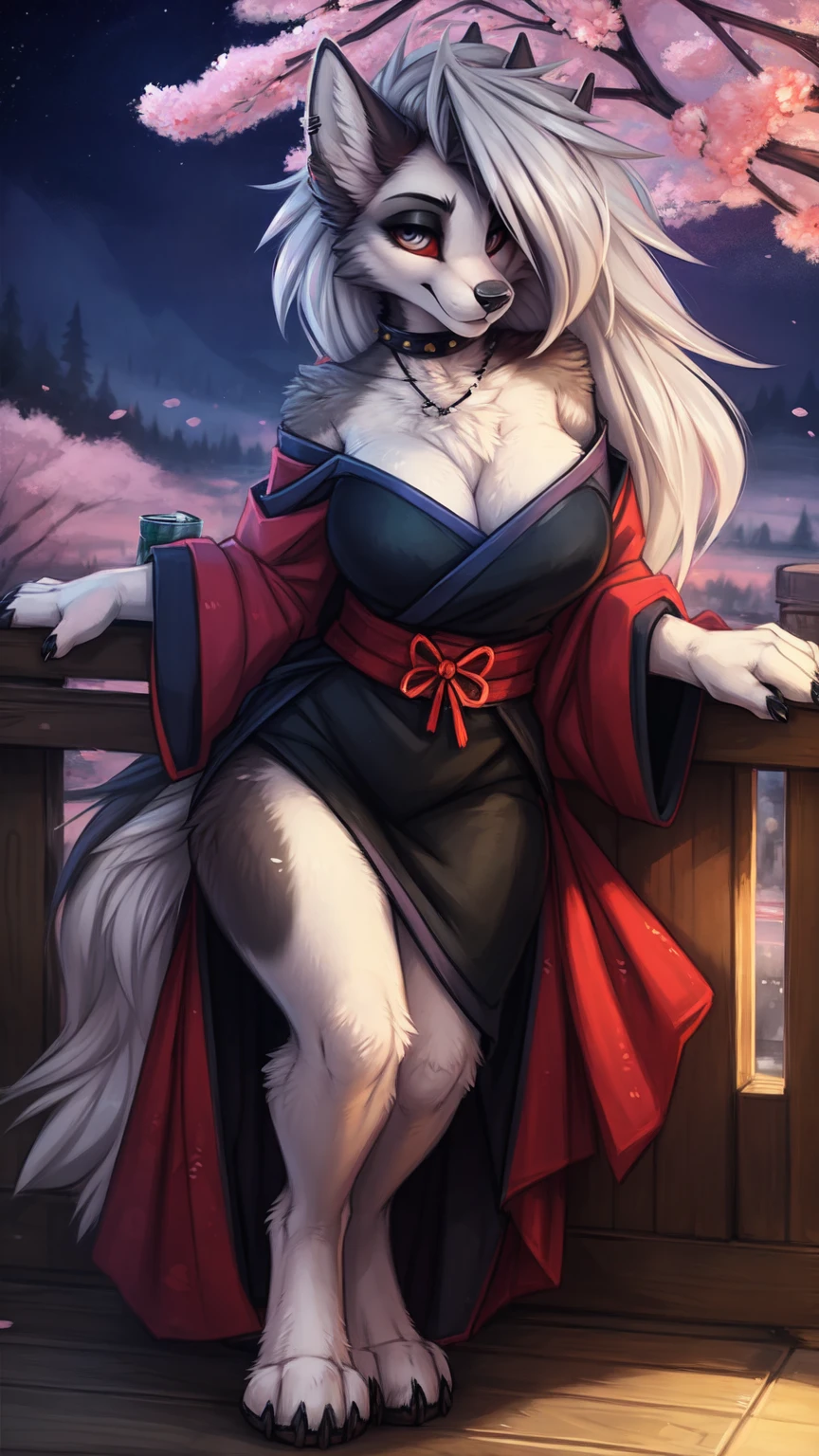by kenket, Ross Tran, ruan jia, zaush, foxovh, by Zackary911, by hyattlen, by teranen, by fumiko, by Pixelsketcher, by fluff-kevlar, bye r-mk, by Dimwitdog, Furry, Anthro, (oiran), ((prostitute)), (luxurious off-shoulder kimono), loona, kemono, (huge breasts), long (elegant) white hair, hourglass body, revealing outfit, seductive, alluring eyes, looking at viewer, gray fur, white fur, traditional japanese, magic fantasy, (mature), milf, tall, curvy, outdoors, cherry blossoms, nighttime, cleavage, tugging on own clothes,