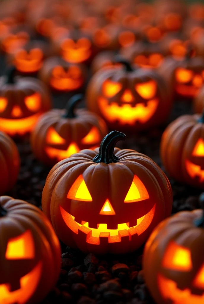 a close up of a pattern of pumpkins with faces, jack-o-lanterns, pumpkins, jack-o'-lantern, halloween theme, pumpkin head, pumpkin patch, halloween, spooky filter, pumpkin farm background, background Halloween wallpaper with ghosts, spooky Halloween theme, Halloween art style,