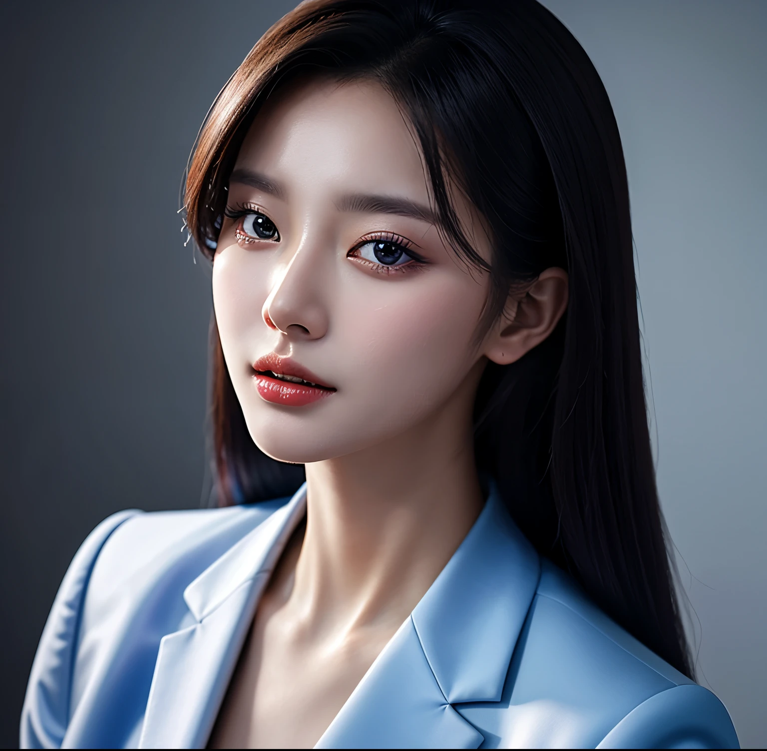 Close up portrait of woman in blue suit and white shirt, Elegant digital art, High-quality portraits, Shiny digital painting, Digital Art Images, Beautiful digital art, Elegant digital painting, Portraits of Korean female idols, Beautiful digital painting, Realistic cute girl drawing, high quality digital painting, TWICE's Tzuyu, Professional Profile Photo, Korean Girls