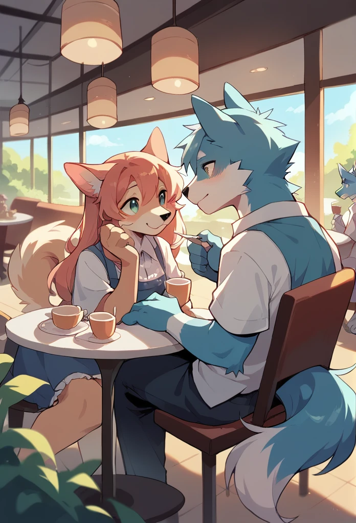 Shark, young female/male, sister and brother, naked, breakfast, drinking coffee, sitting, table,female wearing pajamas showing tits and pussy, male naked showing bif flaccid penis, big large foreskin, duo, casual nudity, paws, anthro, close view, by bebebebebe, near