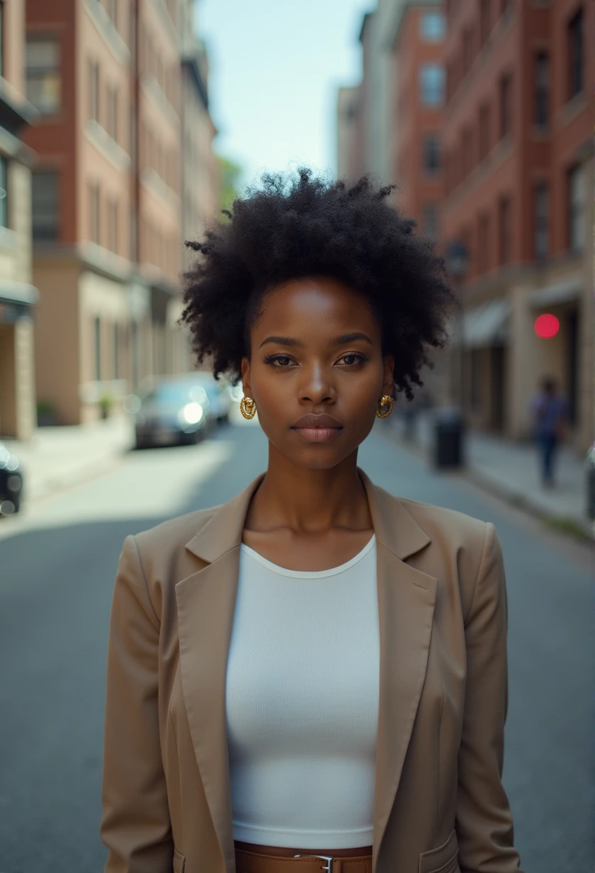 1girl, epiCRealism, Cinematic still, (((striking facial features))), Charming African-American Woman, (((black woman))), (((Neutral face))), (((Undercut hair))), (((very dark skin))), (((busty black womans))), (((boxum girl))), (((big tits pressed together))), (((Afro hair ))), makeup, (((wearing Blazer))), (((wearing Pencil skirt))), (((Tao Splash earrings gold))), (((focus on face))), good white balance, (two cinematic sources of light in opposite directions), (two volumetric sources of light in opposite directions), (natural shading), (((dans un espace vide avec une sphère rouge en arrière-plan))), (((photo en noir et blanc avec seulement la sphère rouge en couleur))), shot on Hasselblad X2D 100C, 80mm lens, depth of field, bokeh, film grain, vivid color, female poses, expressive female portrait, (((Full body shot)))