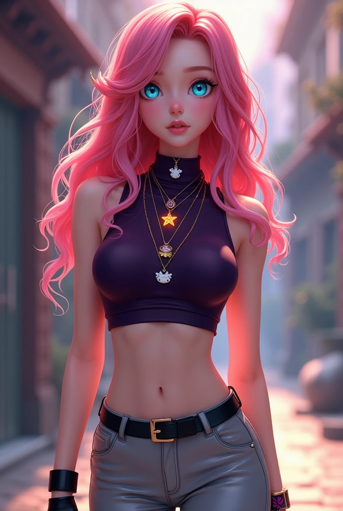 She is a very beautiful -year-old girlh snoskin, long wavy hair of a pale pink color that ends in red at the ends, and expressive almond-shaped eyes, almost transparent in light blue., He has a slim and athletic body, Her heart-shaped face has a small nose and light strawberry pink lips., Her clothing consists of a dark purple sleeveless high-necked shirt that highlights her small pressed waist over tight light gray pants and elegant black ankle boots.. He wears three necklaces, the longest is the one with a white cat., The second is the one with a five-pointed star that is between gold and orange and the last and smallest is the one with a small magenta butterfly., On her left deck she has a light magenta yin-shaped bracelet.. ((Style Epic Anime 3D))