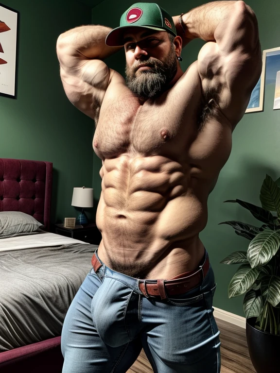 Image is a portrait-style photograph featuring a huge, beefy, big, muscular bearded man with a well-defined, hairy chest and arms. He has a light to medium skin tone, a full beard, and is wearing a green and maroon baseball cap with a white rectangular logo patch on the front. The man is looking downwards, flexing his muscles while holding the straps of his extremely tight blue jeans, which are partially unbuttoned. He has a silver earring in his left ear. The background includes a bed with gray bedding and a tall green plant in a black pot, adding a casual and homey atmosphere to the scene, big dick, dick bulge.