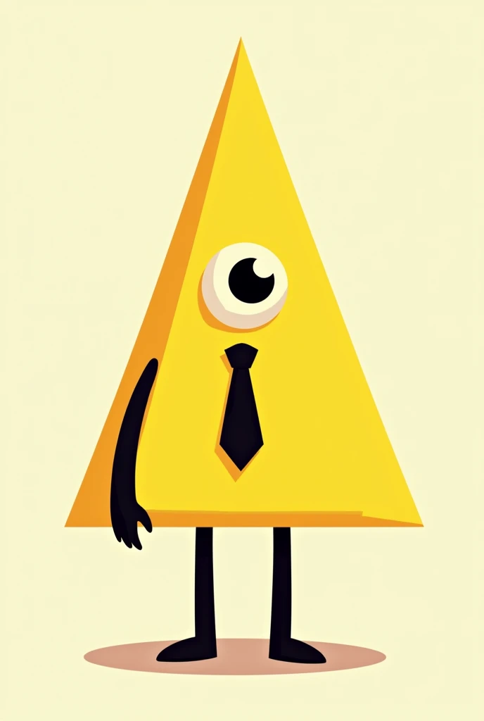 A yellow triangle with one eye with black arms and legs wearing a black tie in the style of Steven Universe