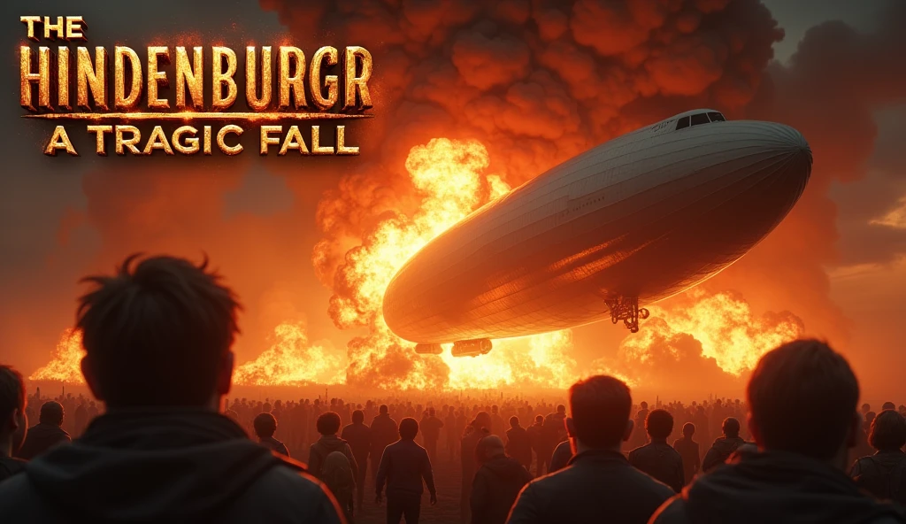 "Design a dramatic and compelling thumbnail for a video about the Hindenburg Disaster. The scene features the iconic airship engulfed in flames, captured mid-explosion, with dark, smoky clouds swirling around. The background should show a fiery, intense sky with shades of red, orange, and black to highlight the chaos. In the foreground, add a few shocked onlookers with their faces partially illuminated by the flames. The Text 'The Hindenburg Disaster: A Tragic Fall' should be prominently displayed at the top of the frame in bold, metallic letters, slightly tilted, with a subtle fiery glow effect to enhance the urgency and impact of the image." image should be generate cristle clear and in detailed 4k image , illustration