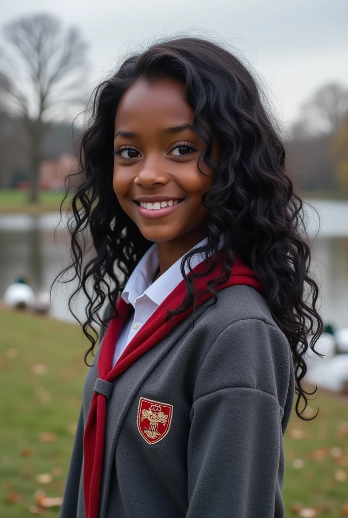 A old dark skinned girl with beautiful purple eyes, Wavy black hair that reaches to her waist and her beautiful grey and red school uniform. She is smiling at the camera where you can see the beautiful landscape of a part with a lake full of ducks