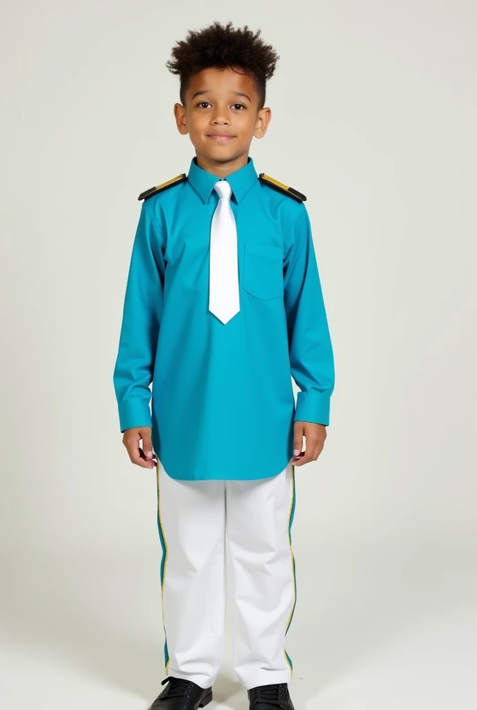 A wearing a turquoise blue long-sleeved shirt, White pants with a straight line on the side in gold, simple gold shoulder pads, black shoes, white tie.