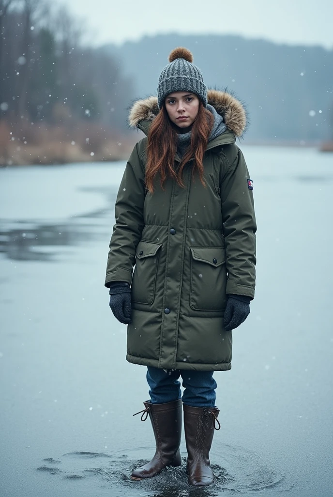 Winter Water Pollution: in winter, The buildup of contaminants such as salts and chemicals in water due to melting ice can affect water quality and aquatic ecosystems.. create a person posing as a rare model with clothes inspired is also this