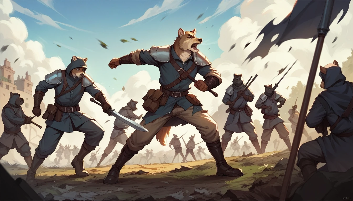 Score_9, score_8, score_7, source_anime, Anthro, scenery, a battlefield, war torn battlefield, medieval battle, soldiers fighting everywhere