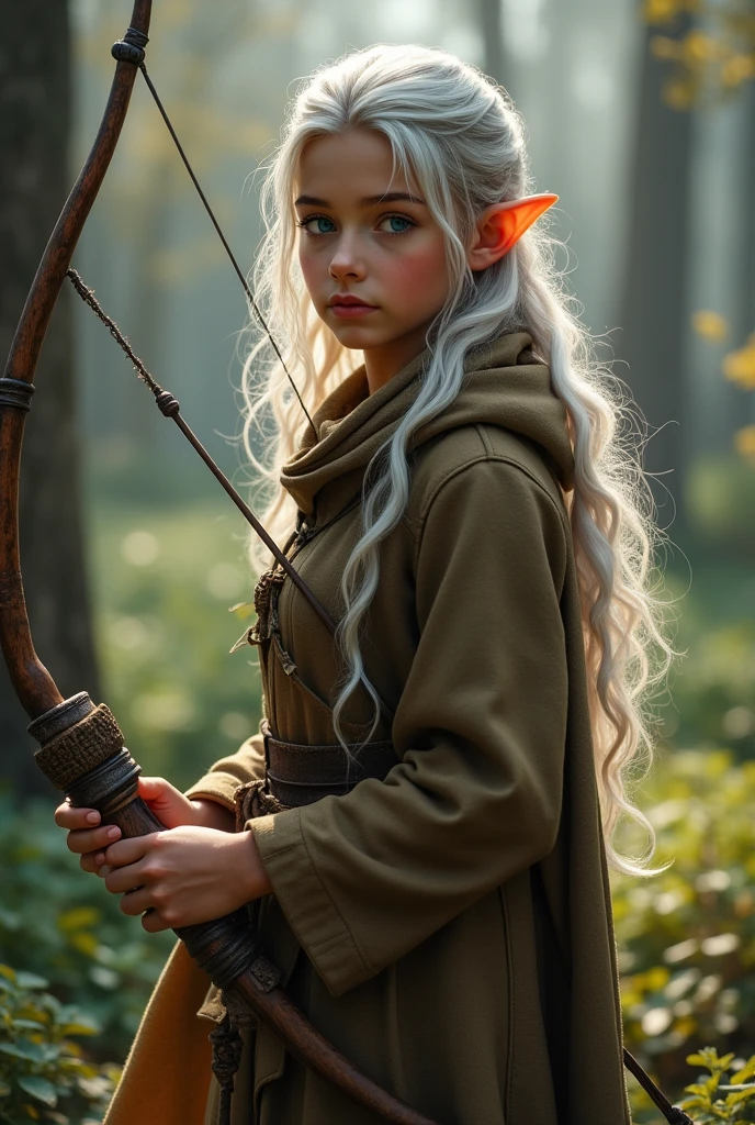 A elf with pointy ears brown skin white hair dark blue eyes wearing a brown overcoat archery equipment wearing shoes and very beautiful wavy silver hair to the shoulder boy