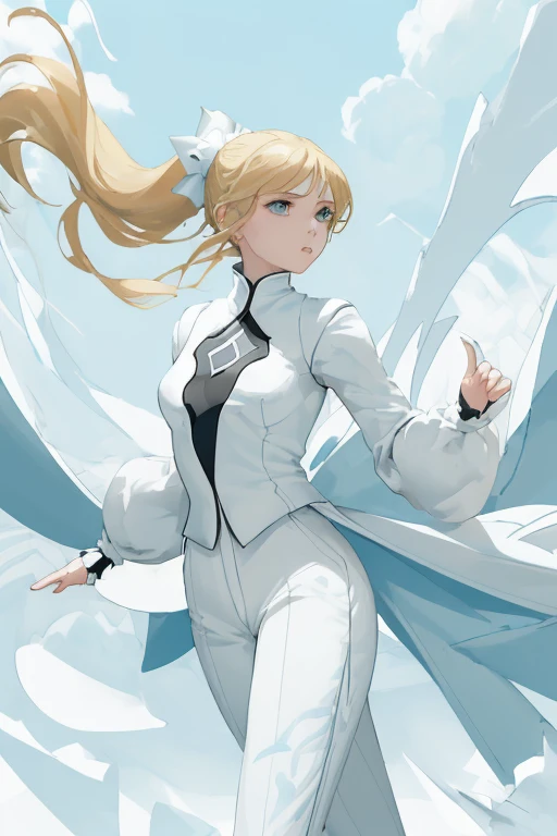 ((masterpiece,best quality)),(negative space:1.4),(1girl, solo:1.4),beautiful detailed eyes,floating blond ponytail hair, long white pants, perfect body, white clouds and blue sky, green grass, white flowers, dynamic pose, happy, walking outside in a sunny day