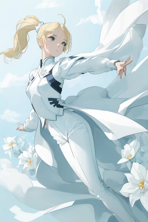 ((masterpiece,best quality)),(negative space:1.4),(1girl, solo:1.4),beautiful detailed eyes,floating blond ponytail hair, long white pants, perfect body, white clouds and blue sky, green grass, white flowers, dynamic pose, happy, walking outside in a sunny day