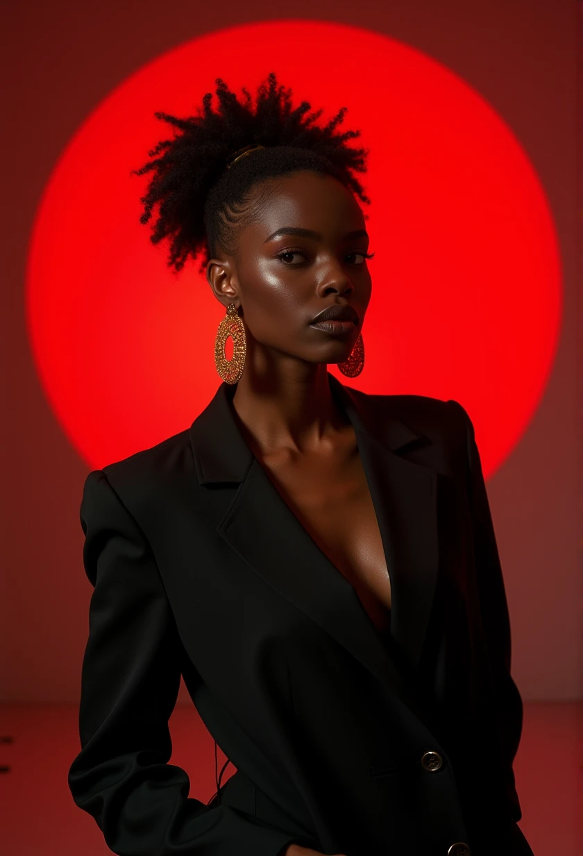 1girl, epiCRealism, Cinematic still, (((striking facial features))), Charming African-American Woman, (((black woman))), (((Neutral face))), (((Undercut hair))), (((very dark skin))), (((busty black womans))), (((boxum girl))), (((big tits pressed together))), (((Afro hair ))), makeup, (((wearing Blazer))), (((wearing Pencil skirt))), (((Tao Splash earrings gold))), (((focus on face))), good white balance, (two cinematic sources of light in opposite directions), (two volumetric sources of light in opposite directions), (natural shading), (((dans un espace vide avec une sphère rouge en arrière-plan))), (((photo en noir et blanc avec seulement la sphère rouge en couleur))), shot on Hasselblad X2D 100C, 80mm lens, depth of field, bokeh, film grain, vivid color, female poses, expressive female portrait, (((Full body shot)))
