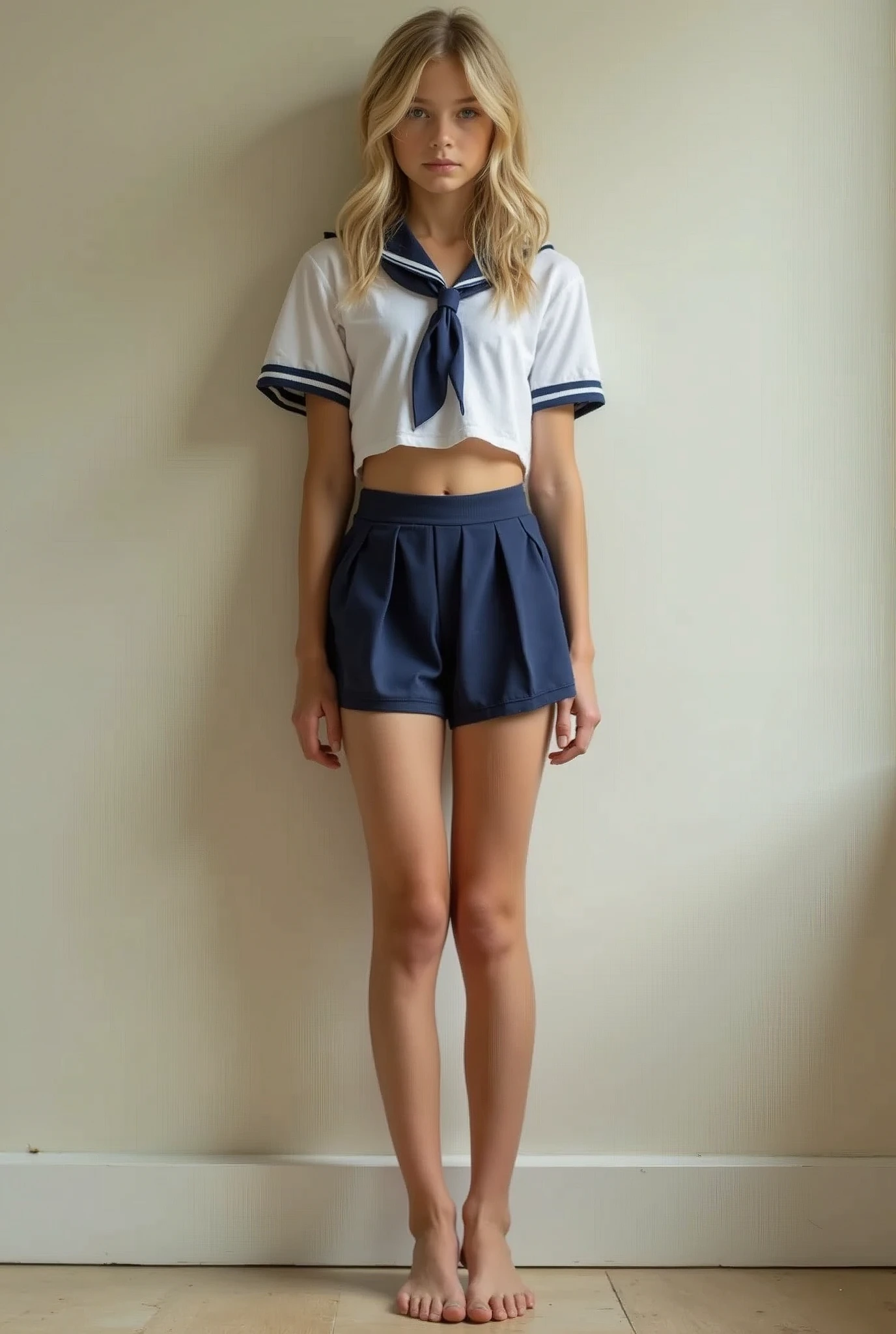 Schoolgirl in uniform showing underwear and feet in stockings barefoot naked , blonde , skinny ,young
