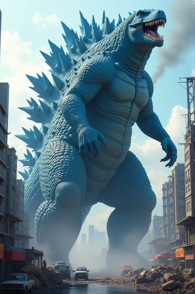 Blue Godzilla in the city for a forearm tattoo
