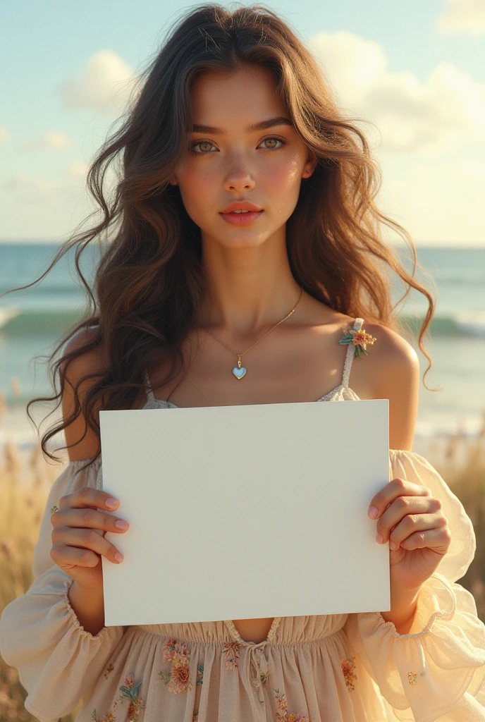 Beautiful girl with wavy long hair, bohemian dress, holding a white board with text "I Love Seaart Infinity" and showing it to the viewer