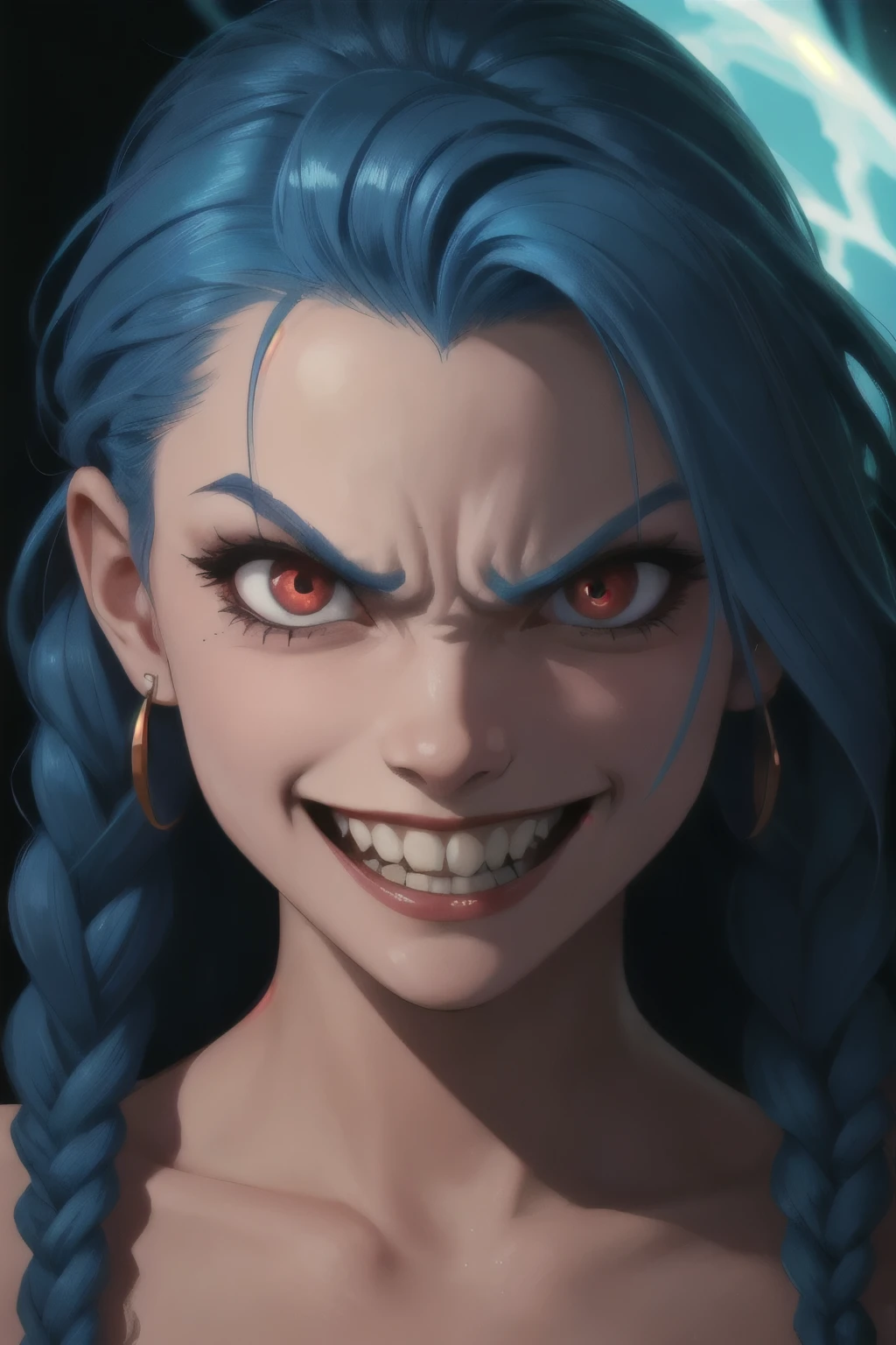  Hyper realistic super detailed Jinx cosplay , ((Young girl, 15 years old)), Very detailed, (hyper realistic: 1.4), in dynamic pose, (((psycho face, creppy smiling))), twin braids, long hair, blue hair, red eyes, tattooed, ((skinny Body)), ((angry face)), arcane style. ((Cinematic Explosion background,  cinematic lighting)).